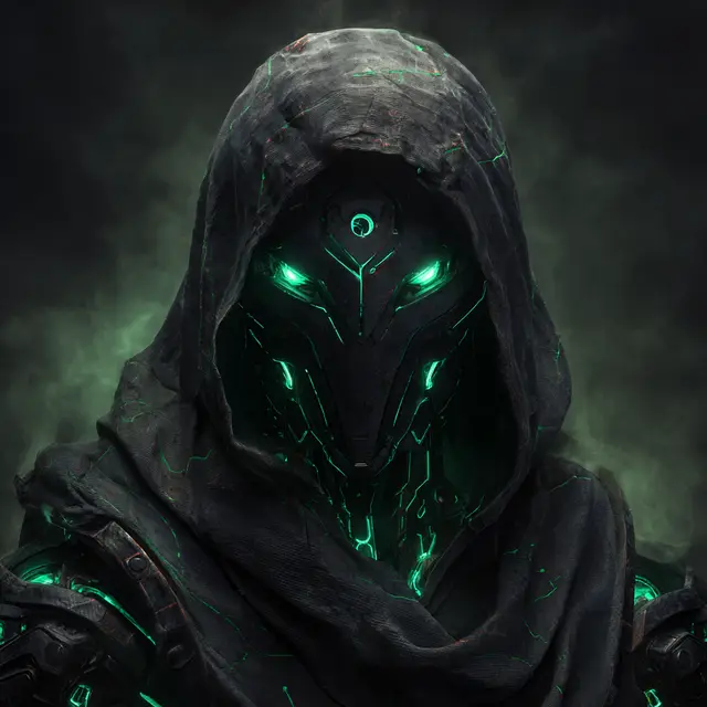 r0tZ, a hooded revenant with glowing phosphor eyes, the brand's alter-ego.
