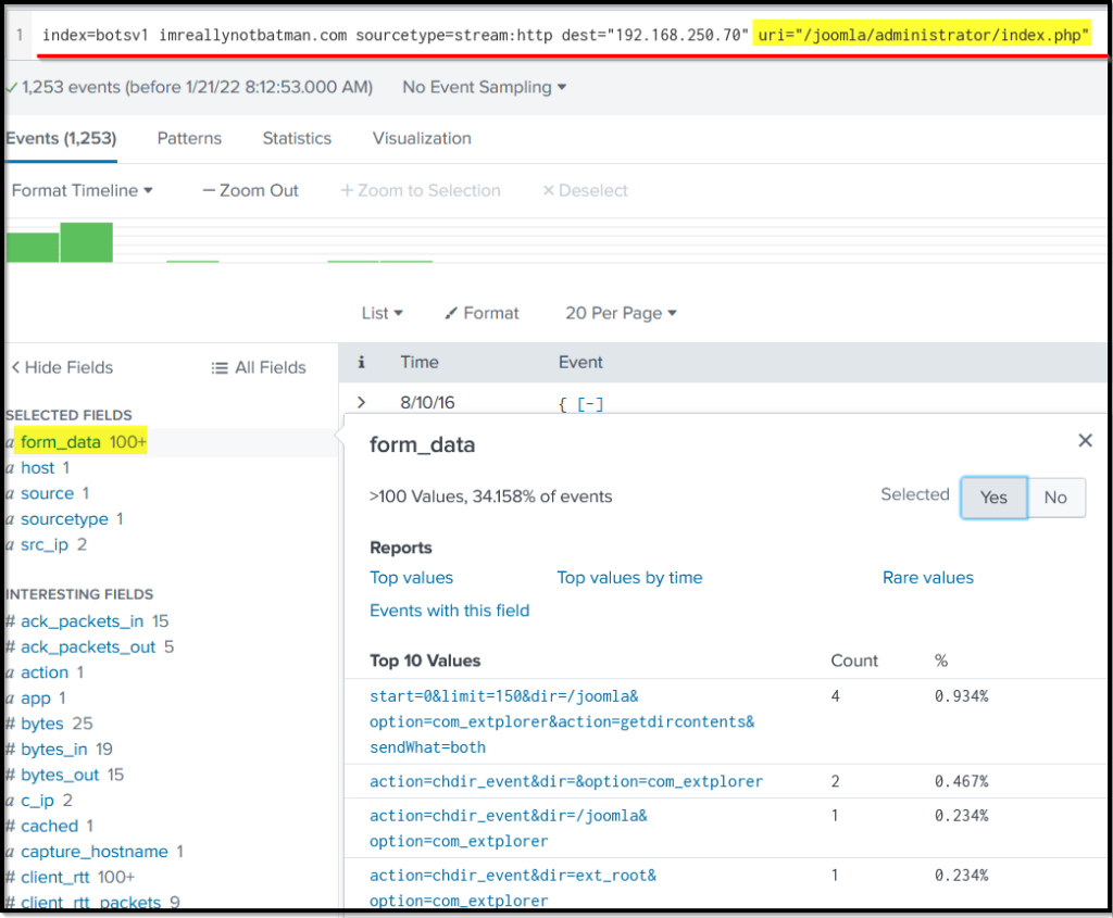 Screenshot: Query Explanation: We are going to add uri='/joomla/administrator/index.php' in the search query to show the traffic coming into this URI.
