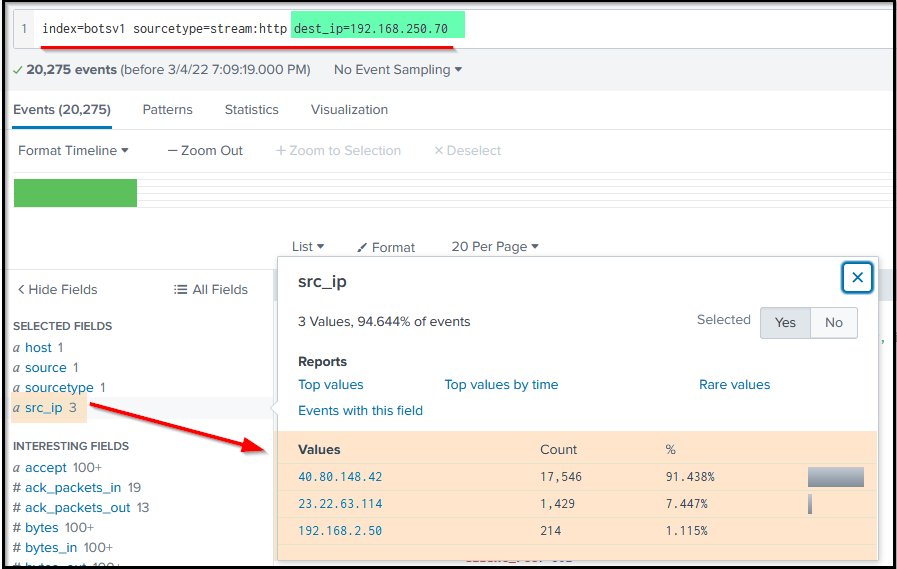Screenshot: Query Explanation: This query will look for all the inbound traffic towards IP 192.168.250.70.