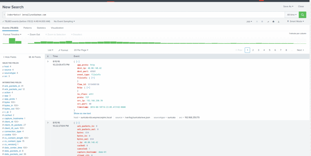 Screenshot: Search Query Explanation: This query will show the logs from the suricata log source that are detected/generated from the source IP...