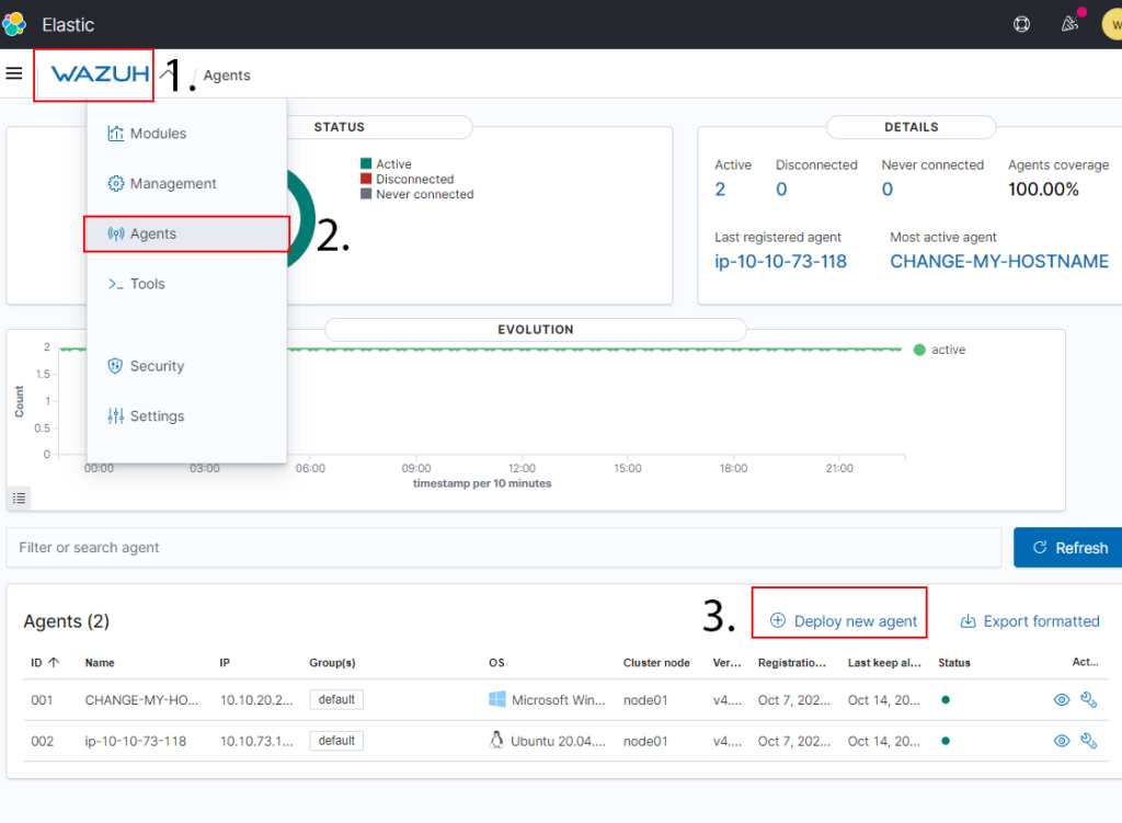 Screenshot: This wizard can be launched by navigating to the following location on the Wazuh server: Wazuh -> Agents -> Deploy New Agent as illustrated...