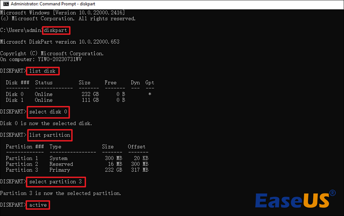 Screenshot: I navigated to the cmd prompt and followed the steps to check disk partitions were accessible and the right one was associated with the...