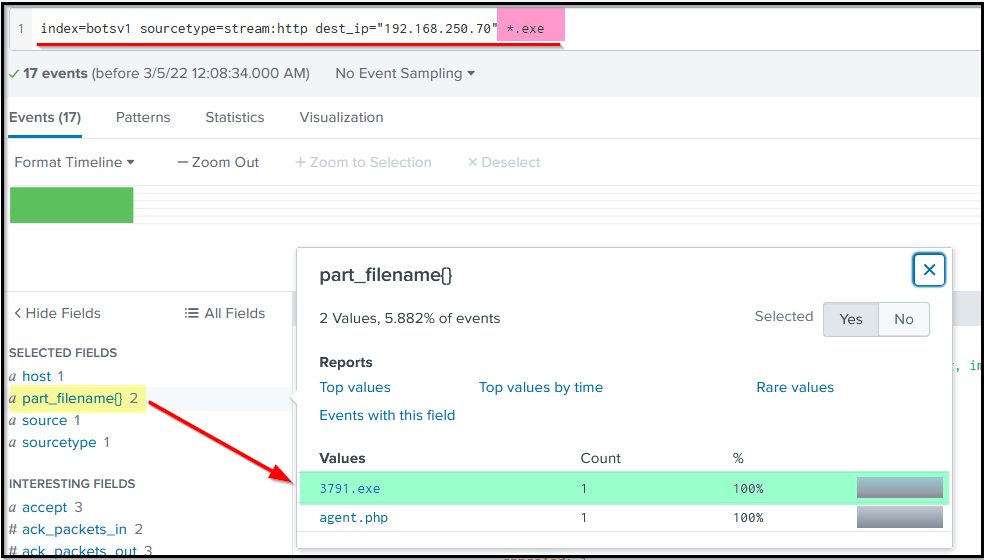 Screenshot: Observing the interesting fields and values, we can see the field part_filename{} contains the two file names. an executable file 3791.exe...