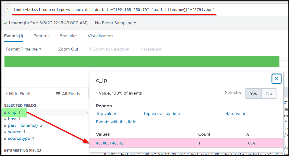 Screenshot: Search Query:index=botsv1 sourcetype=stream:http dest_ip='192.168.250.70' 'part_filename{}'='3791.exe'