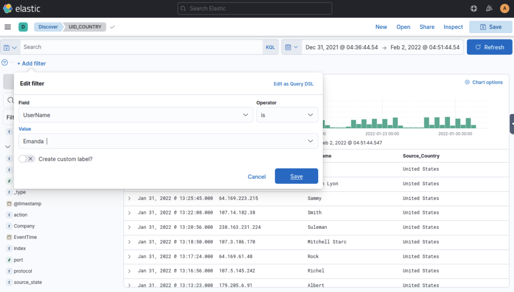 Screenshot: Apply Filter on UserName Emanda; which SourceIP has max hits? ANSWER: 102.14.1.247 (1 of 2)