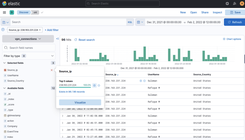 Screenshot: Filter by IP Address then add second filter of source_state IS NOT new york (1 of 3)