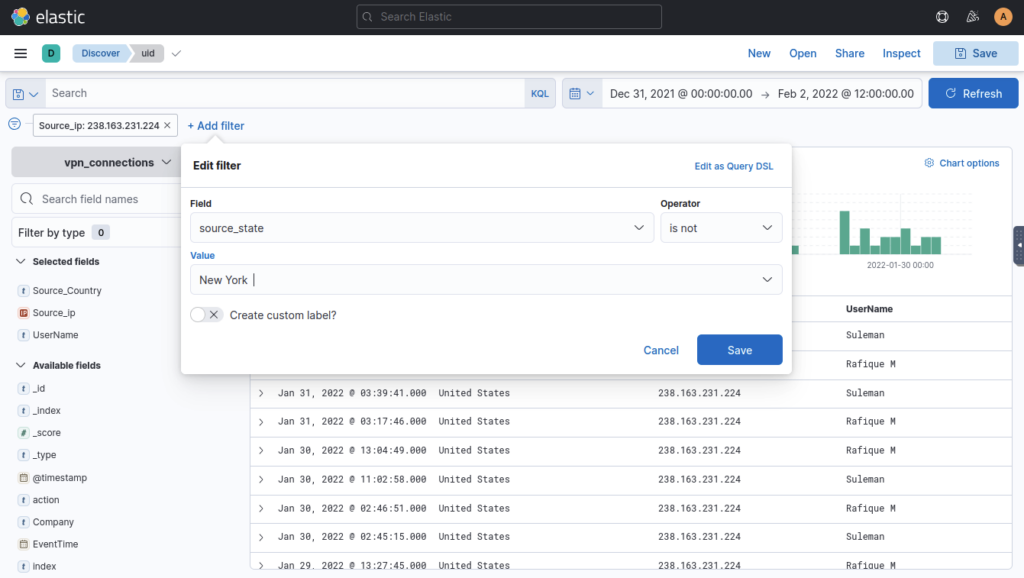 Screenshot: Filter by IP Address then add second filter of source_state IS NOT new york (2 of 3)