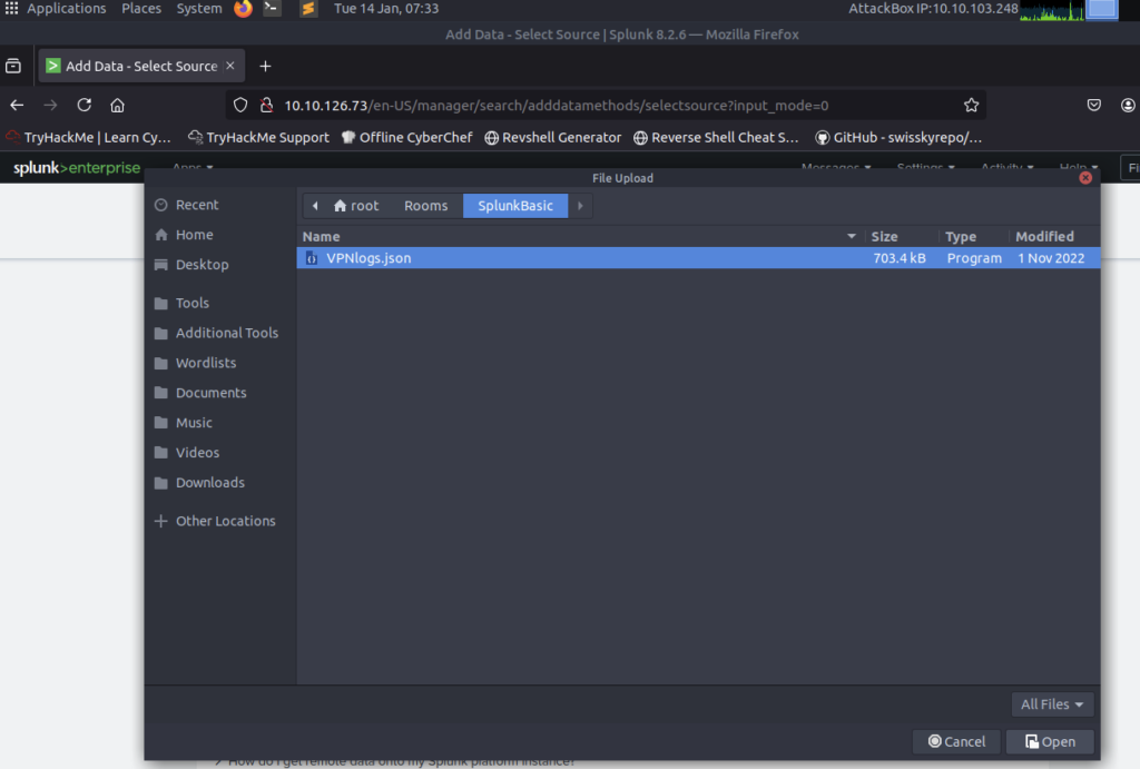 Screenshot: Upload the data file via upload, add Host Field Value VPN_Connections and new index vpn_logs
