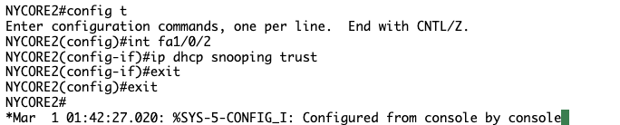 Screenshot: NYCORE1 has an IP address but NYCORE2 still does not, perhaps I need to tell NYCORE to trust the port towards NYCORE1