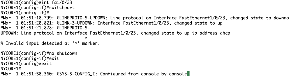 Screenshot: Still no luck, after reviewing previous steps I noticed we have issued no switchport on NYCORE1, lets rectify that…