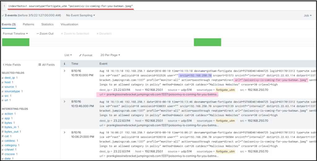 Screenshot: Search Query: index=botsv1 sourcetype=fortigate_utm'poisonivy-is-coming-for-you-batman.jpeg'