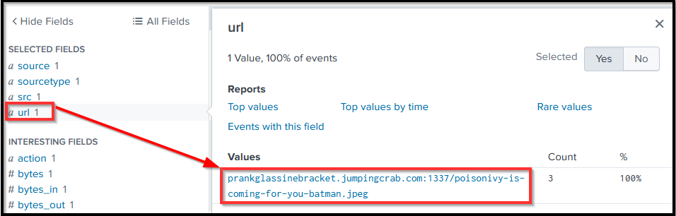 Screenshot: Looking into the Fortinet firewall logs, we can see the src IP, destination IP, and URL. Look at the fields on the left panel and the field...