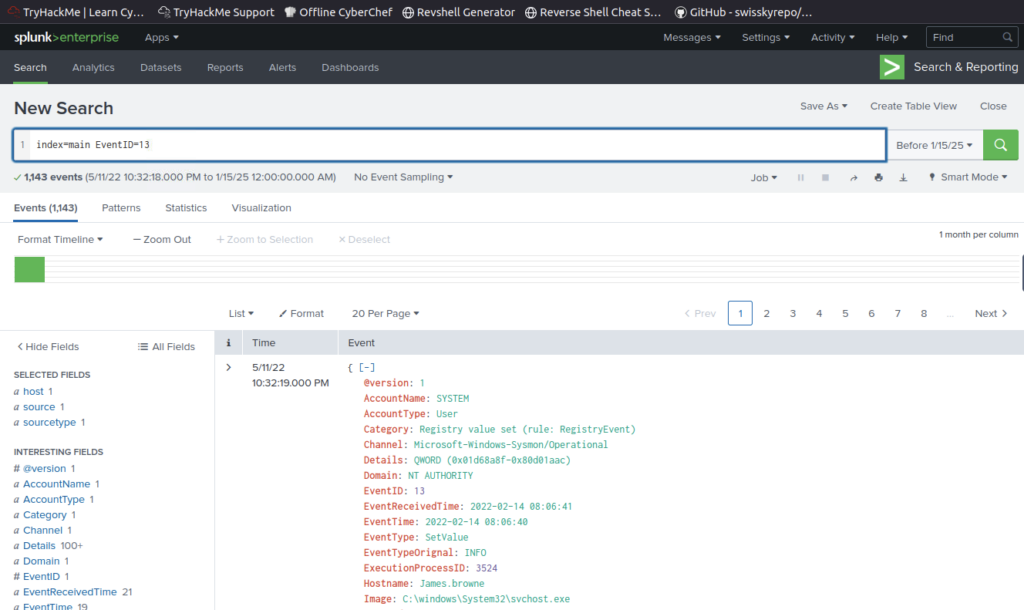 Screenshot: No results. Try Sysmon Registry event? Could be 13 or 14.