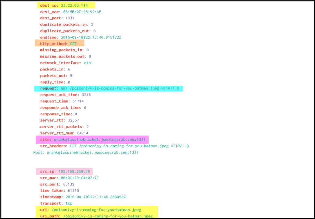 Screenshot: Search Query: index=botsv1 sourcetype=stream:http dest_ip=23.22.63.114 'poisonivy-is-coming-for-you-batman.jpeg' src_ip=192.168.250.70