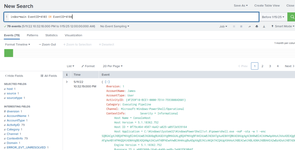 Screenshot: Could search for powershell command eventID, 4103 or 4104