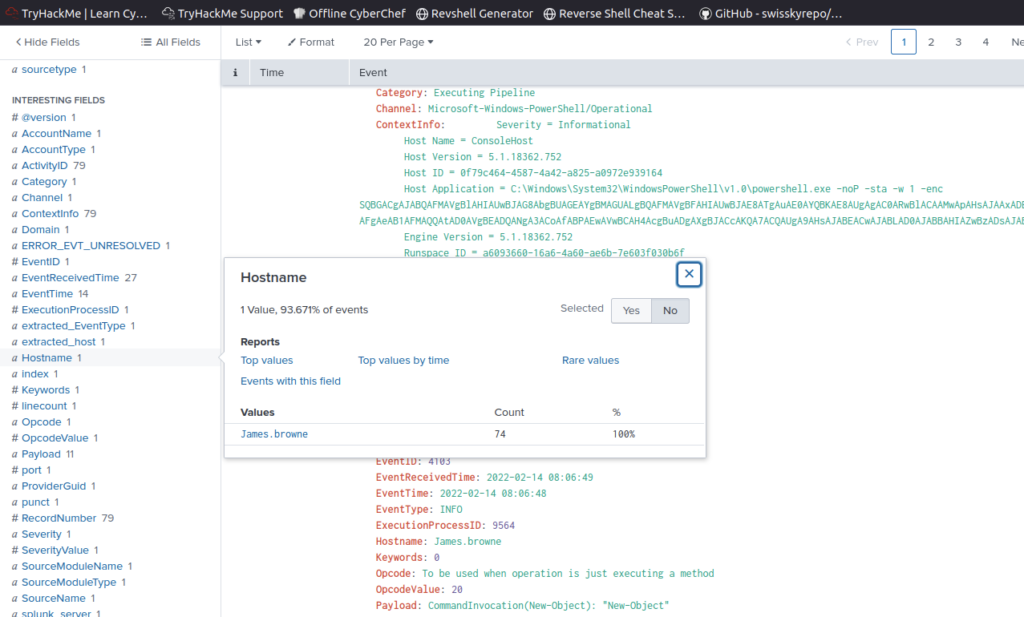 Screenshot: There were 79 events but we can see down the left hand side there is only one hostname associated with the events