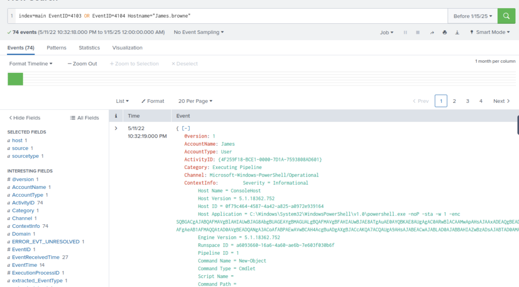 Screenshot: Filter by James.Browne, Saw in the first event there is an ecrypted line, lets try decode that with cyberchef. (1 of 2)