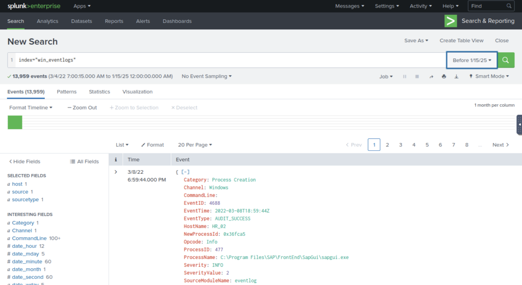 Screenshot: add index='win_eventlogs' to search bar to see number of events. Remember to adjust timeframe
