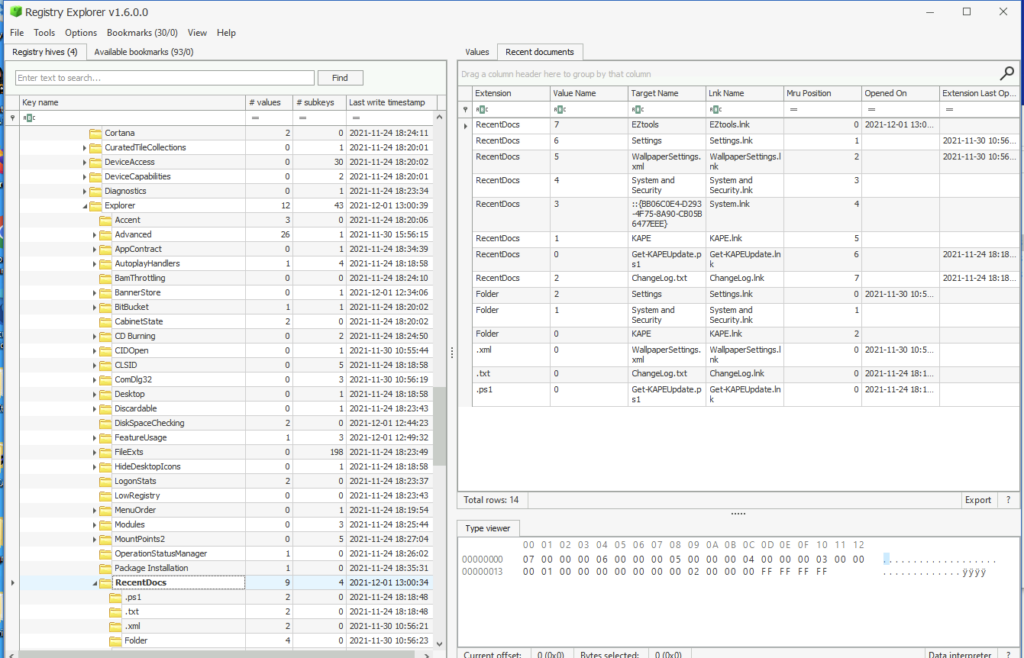 Screenshot: Once loaded navigate to SoftwareMicrosoftWindowsCurrentVersionExplorerRecentDocs and observe the table shown