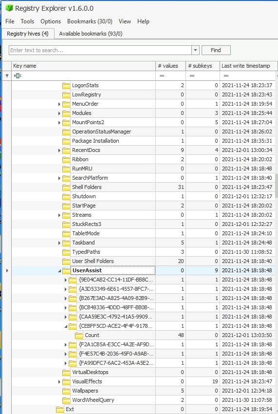 Screenshot: For the next question we need information on the use of applications by users. The UserAssist registry keys can help us check this. (As...