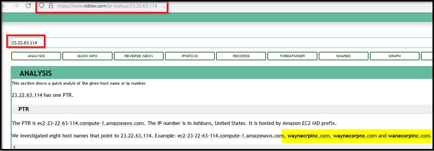 Screenshot: Next, search for the IP address 23.22.63.114 on this Threat Intel site.