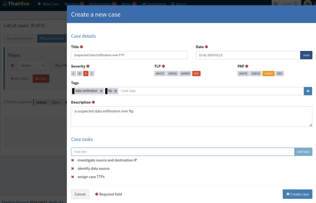 Screenshot: I setup new case