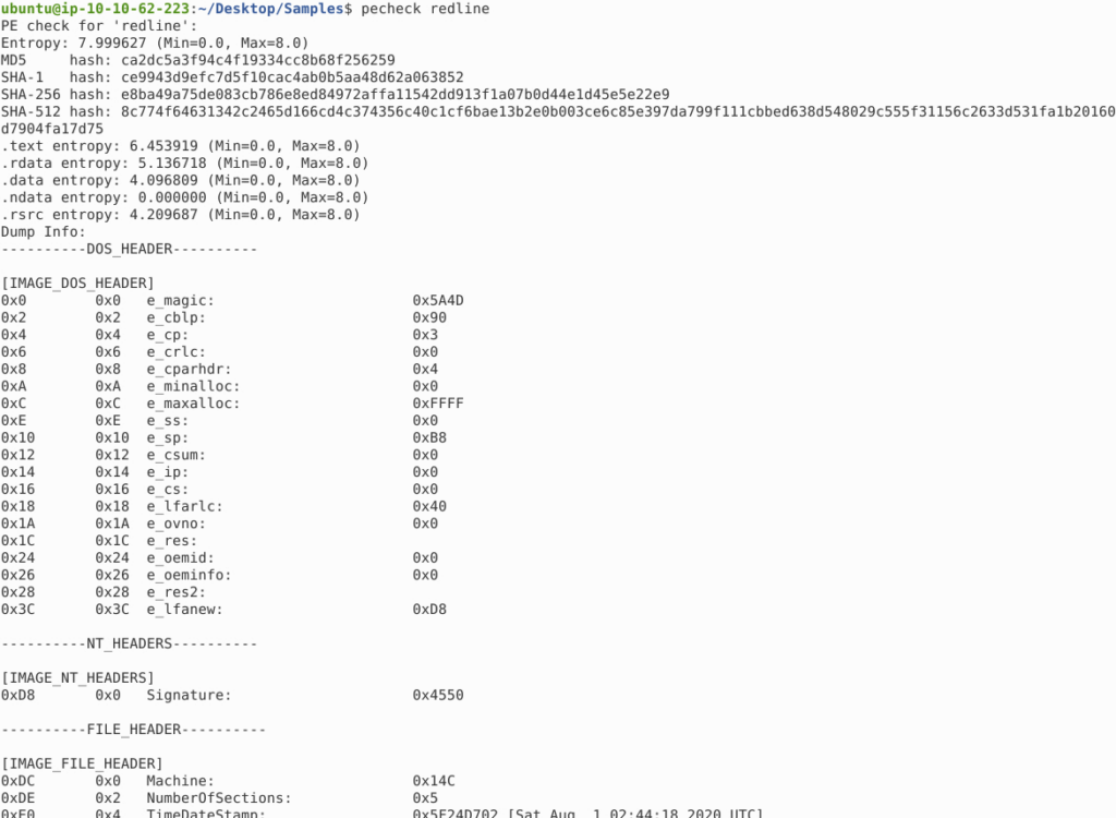 Screenshot: We can see that pecheck shows us a lot more information than what we discussed in this task; however, discussing all that information is...