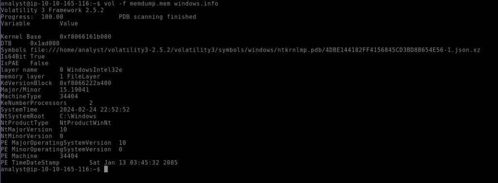 Screenshot: With this taken into consideration, navigate to the working directory in the VM and execute the command vol -f memdump.mem windows.info to...