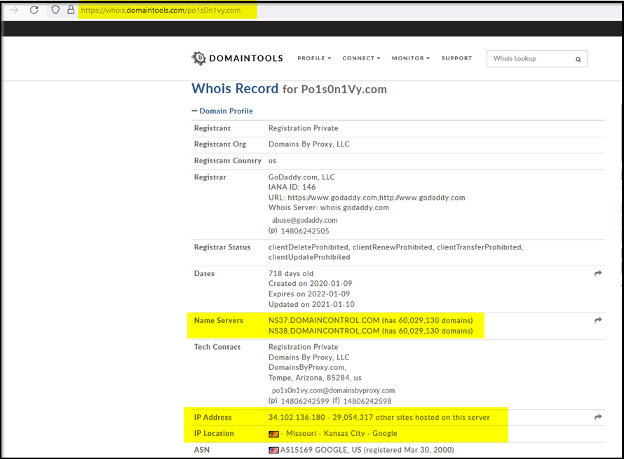 Screenshot: We can also look for the whois information on this site -> whois.domaintools.com to see if we can find...