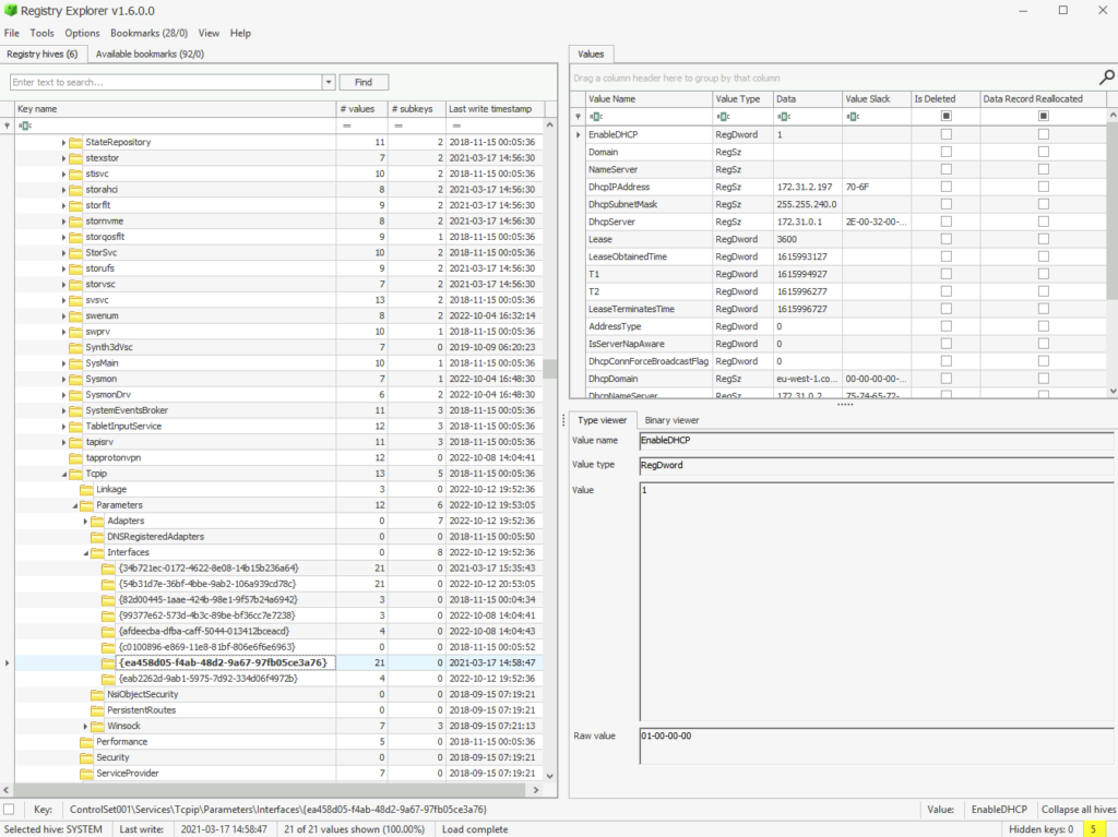 Screenshot: Looking for TCPIP. Still within SYSTEM. Browse Interface Values
