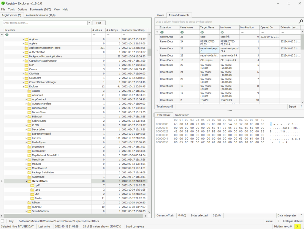Screenshot: NTUSER.DAT has recentdocs which should tell us what's been happening.