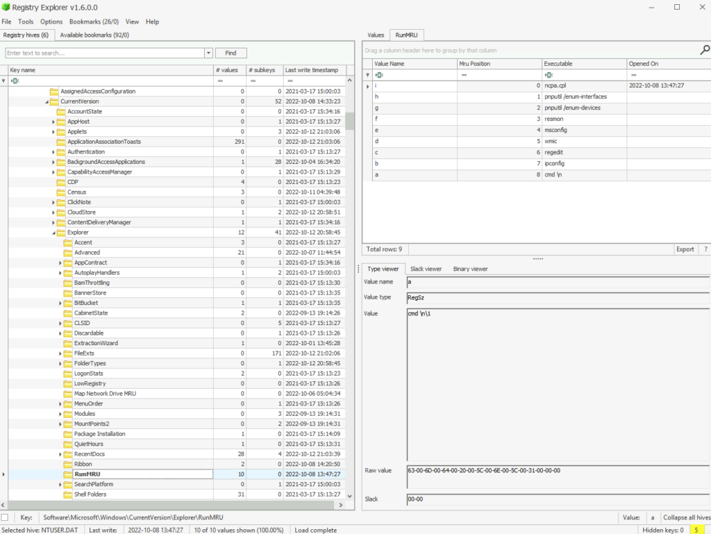 Screenshot: Not far to go to get to the next info, close recentdocs and you will see RunMRU