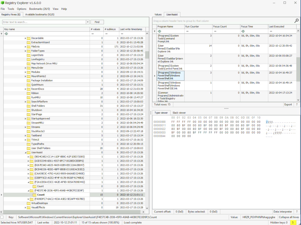 Screenshot: Head to UserAssist, you will need to dig through keys to find one with a count