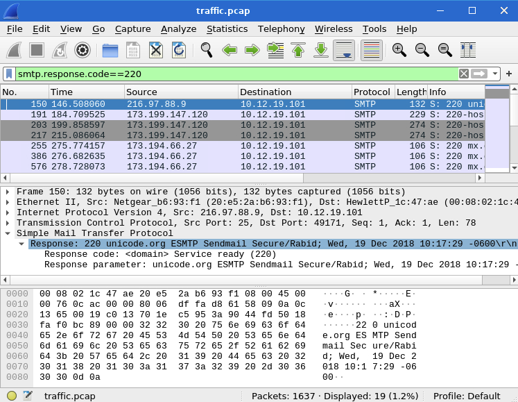 Screenshot: ANSWER: smtp.response.code