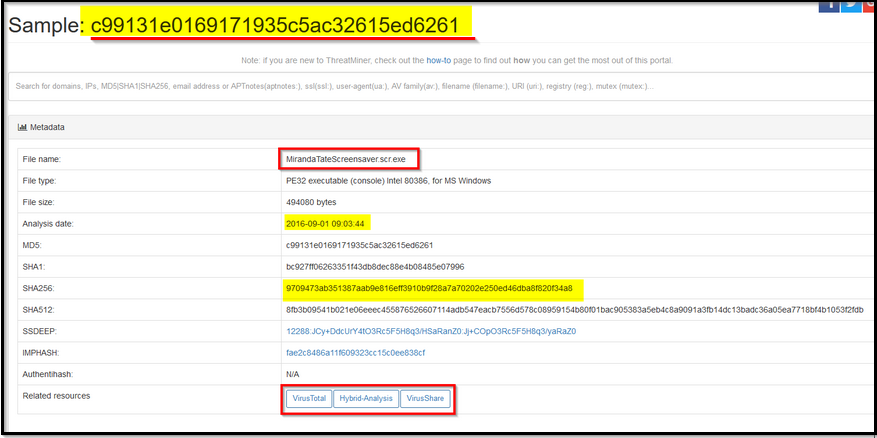 Screenshot: Now, click on this MD5 hash value to see the metadata and other important information about this particular file.