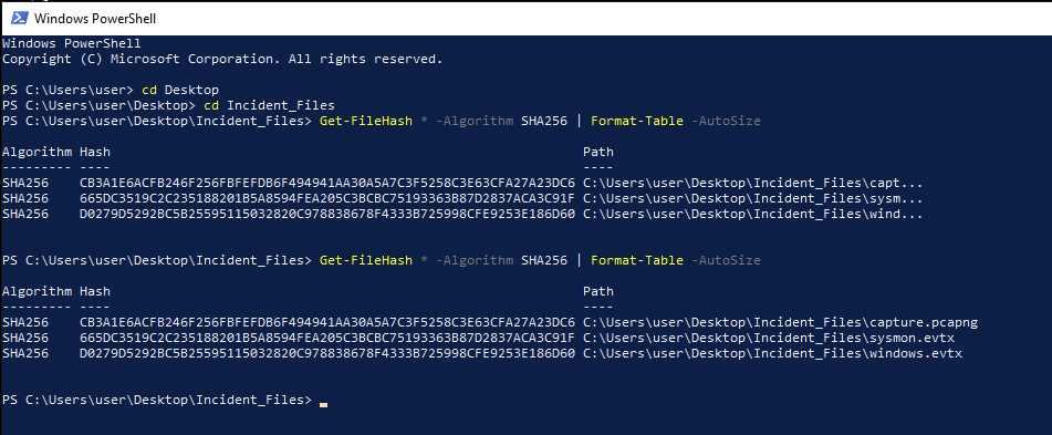 Screenshot: I chose to use powershell to gather the Hashes, I also renamed the folder Incident_Files for easier navigation