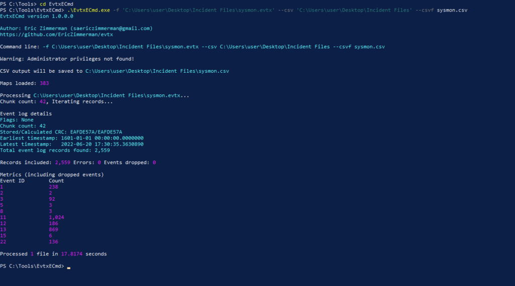 Screenshot: Upon reading the next questions we better parse the event logs with EvtxECmd to make our lives easier later (1 of 2)