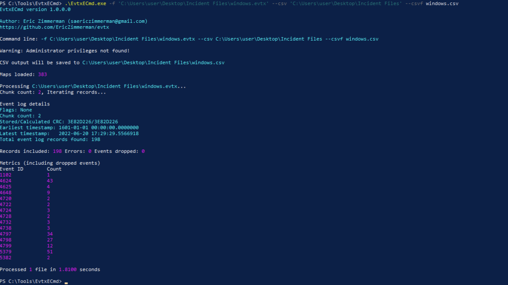 Screenshot: Upon reading the next questions we better parse the event logs with EvtxECmd to make our lives easier later (2 of 2)