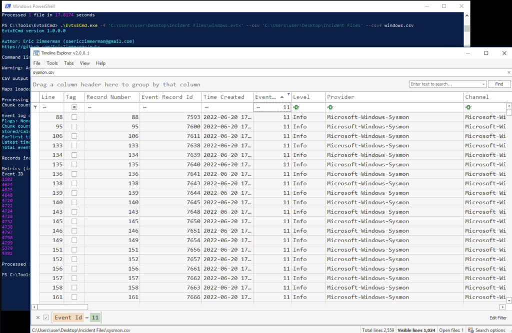 Screenshot: Lets open up our sysmon.csv in timeline explorer and try and use some of the information from the above tasks to find our answers (1 of 2)