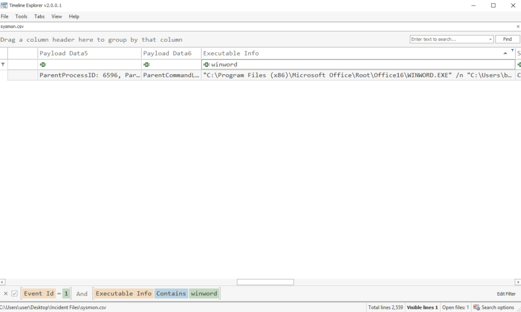 Screenshot: Lets apply a new filter, we know we are after .doc (winword), we need Event Id 1 for process creation, lets also note the above machine is... (1 of 2)