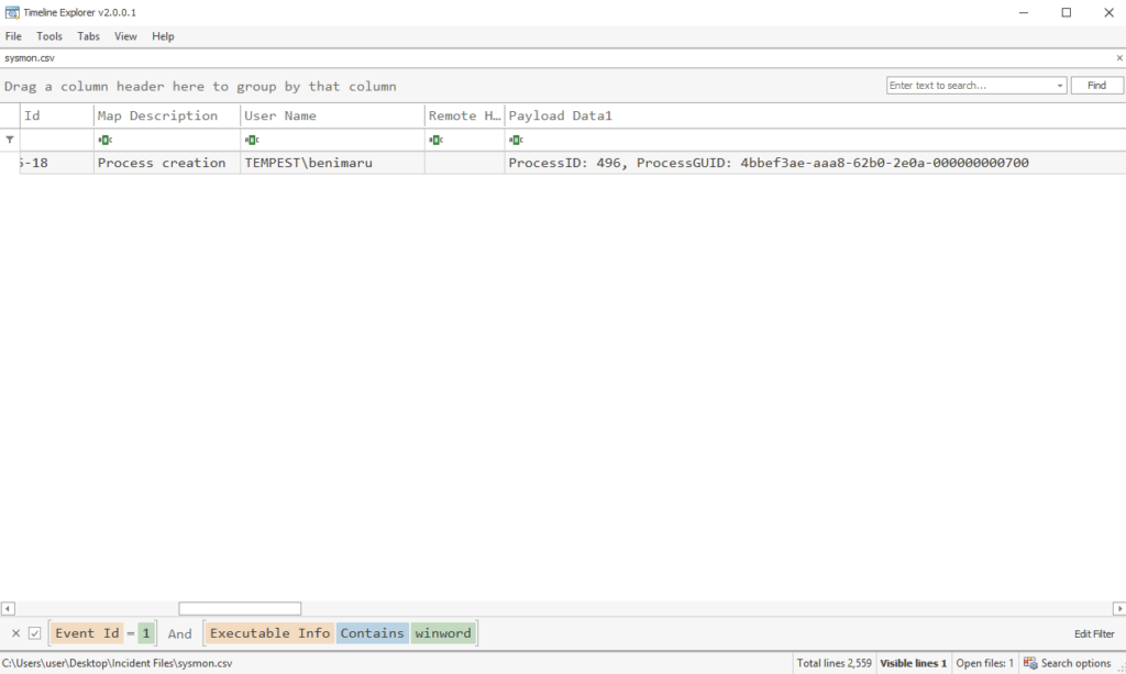 Screenshot: Lets apply a new filter, we know we are after .doc (winword), we need Event Id 1 for process creation, lets also note the above machine is... (2 of 2)