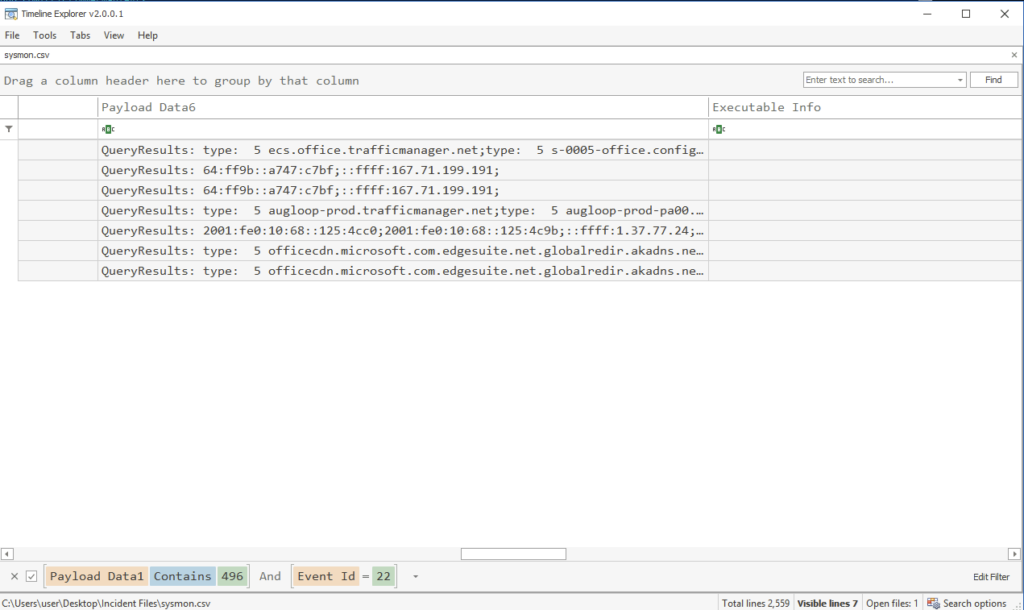 Screenshot: For the next one DNS Id is 22 for query, our process ID is 496 (2 of 2)