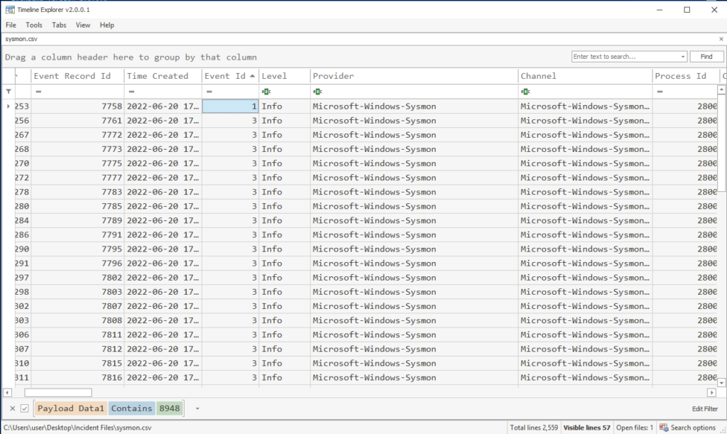Screenshot: Let's use the parent ID (PID) to link network connections to the malicious payloads behaviour (1 of 4)