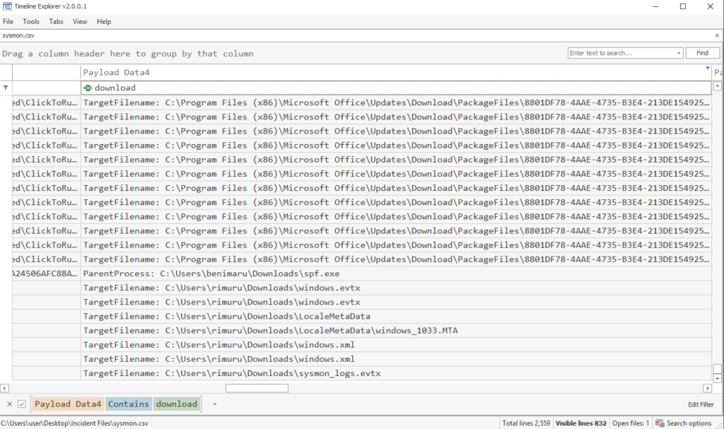 Screenshot: IF we filter by download and look at results around the sametime we spot something new. spf.exe