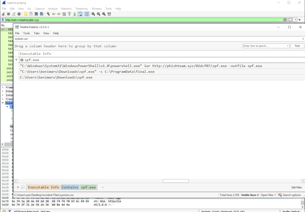 Screenshot: To make things tidy I should've filtered further by our victim machines name, malicious domain or something, anyway let's search for spf.exe (1 of 2)