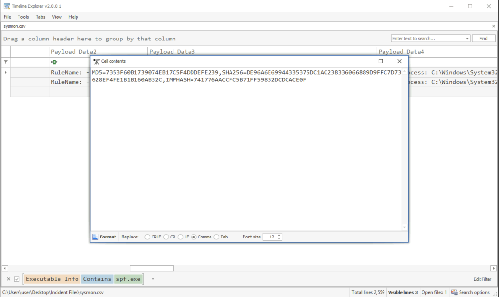 Screenshot: To make things tidy I should've filtered further by our victim machines name, malicious domain or something, anyway let's search for spf.exe (2 of 2)